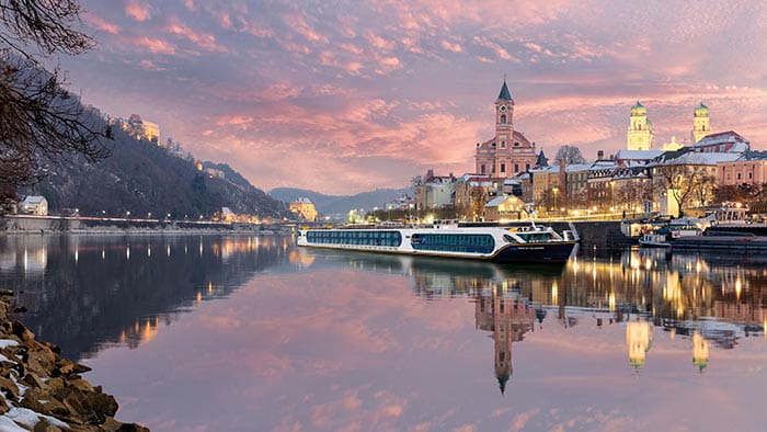 Spirit of the Danube in Passau at sunset in winter, Germany